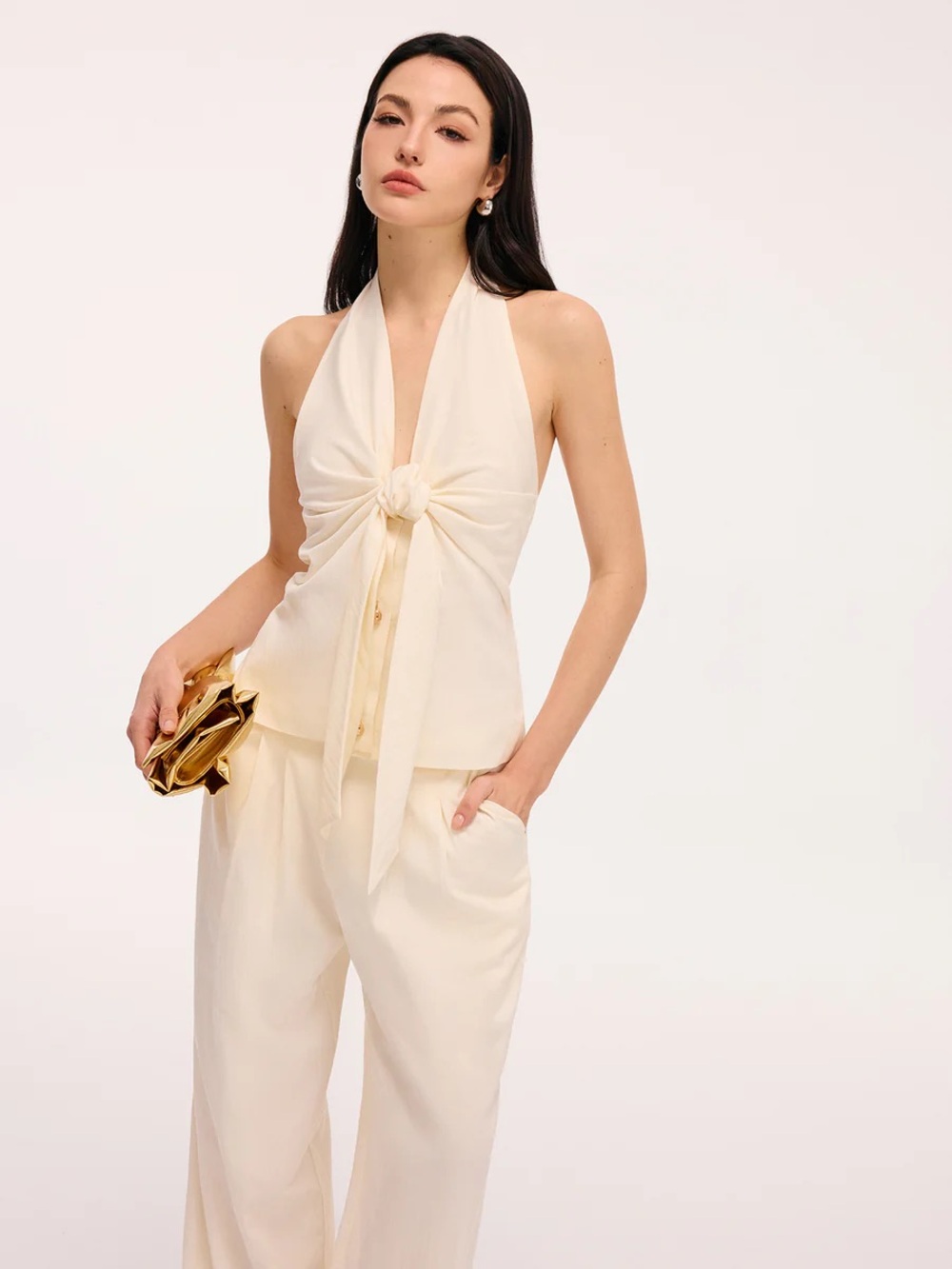 NEW Set Commense Tie-Front Halter Top & Wide-Leg Pants - Picture 3 of 16
